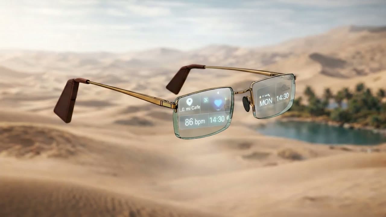 The rimless Eye Ware computer floating above a desert oasis, its lenses showing the live heads-up display